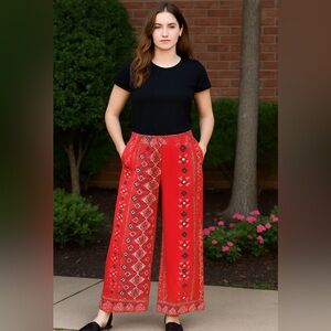 Red Patterned Boho Wide-Leg Pants